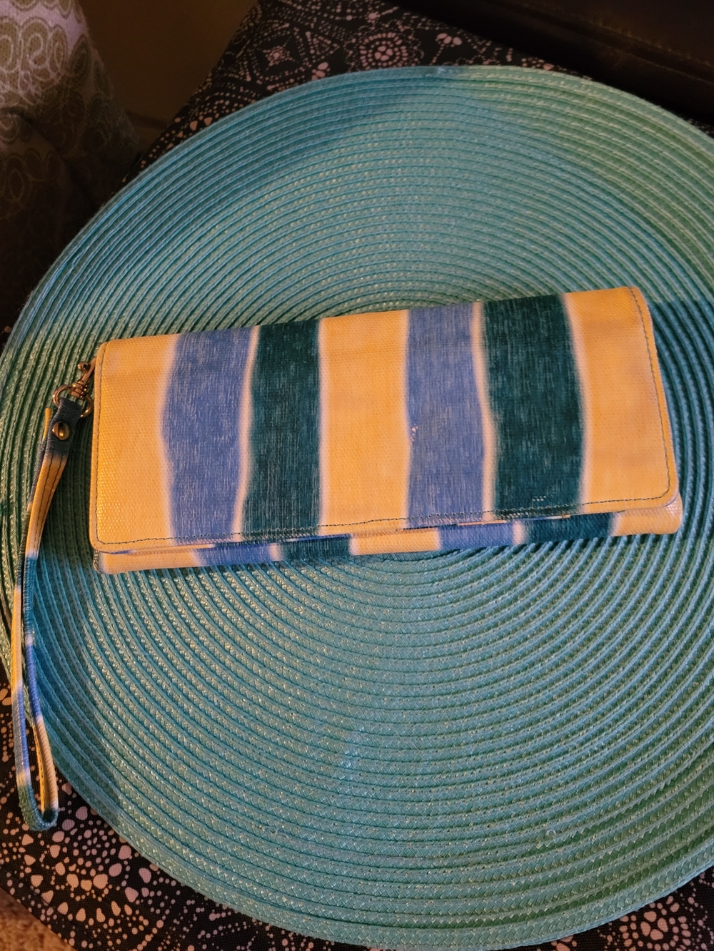 Striped Canvas Wristlet Clutch in Teal and Cream